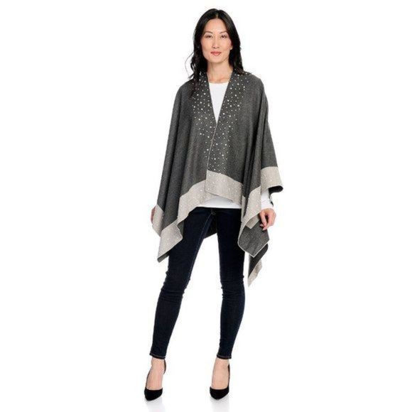 Kimberly Rose Boutique Jackets & Blazers - Charcoal Gray and Beige Woven Ruana Cape with Pearl Lapel Accent